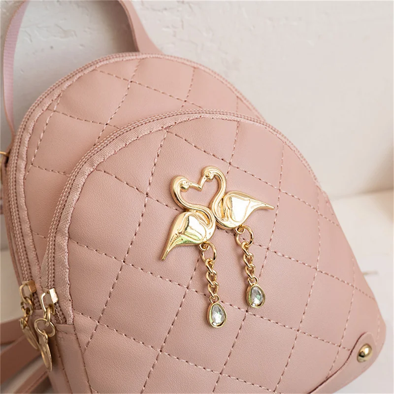 Rhombus Student Double-layer Backpack Women Fashion Swan Tassel Pendant Mini Backpack