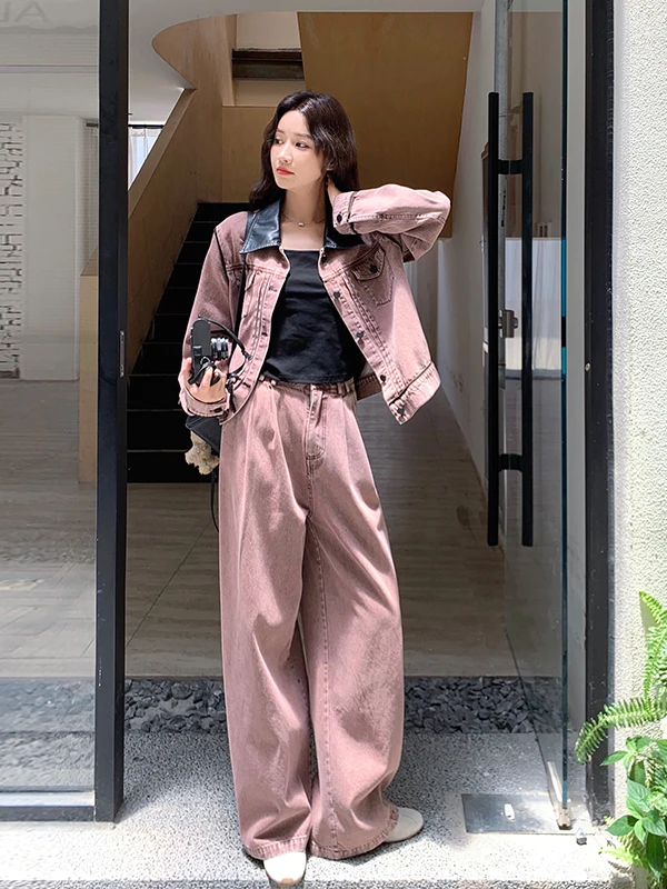 

Розовый джинсовый комплект с широкими брюками и топом для женщин: новая коллекция весна-осень, высококачественный повседневный комплект из двух предметов