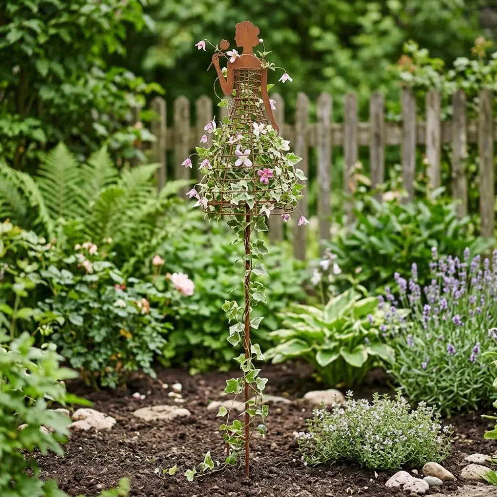 Rustic Metal Dress Lady Shape Plant Trellis Iron Art Rusted Finish Dress Figure Plant Support Thickened Vintage
