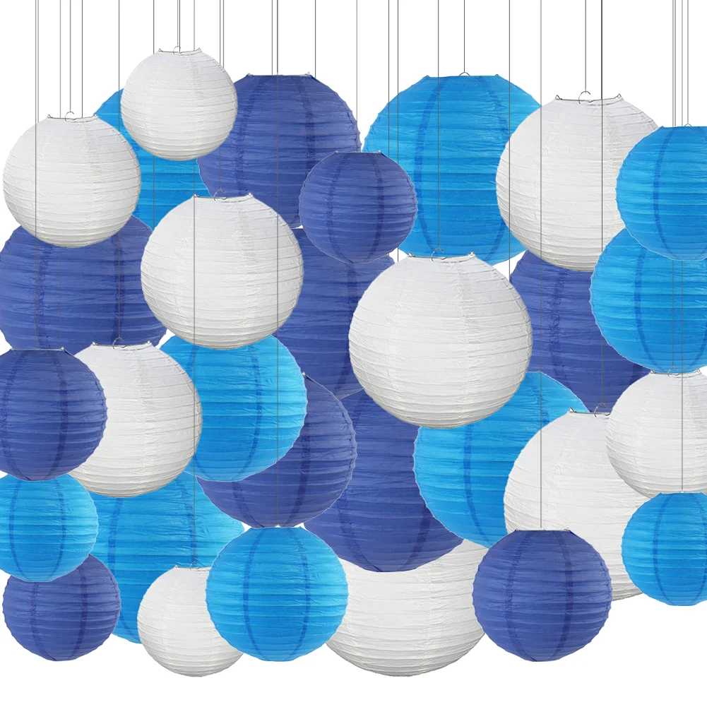 30 Pcs Round Hanging Paper Lanterns for Birthday and Wedding Assorted Size and Color Blue and White Sky Blue Hanging Paper Balls