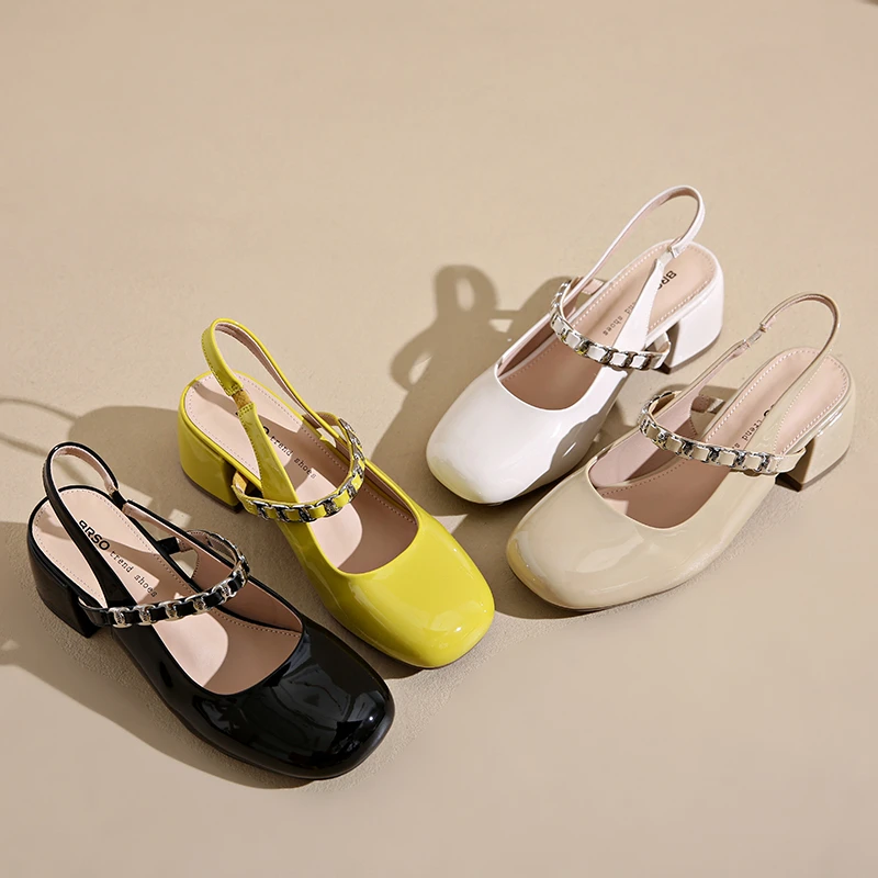 

Mary shoes, new spring and summer women's yellow thick heel, diamond heel, hollow heel, high heel sandals, women's Korean style