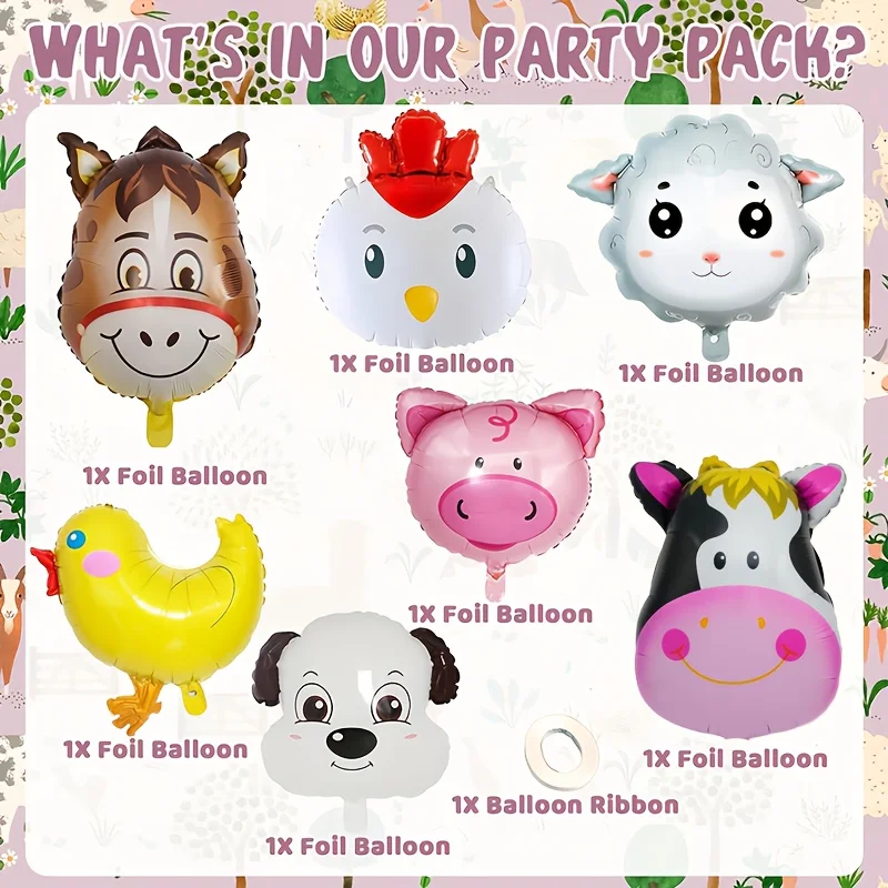 7pcs Farm Animal Balloons Birthday Decorations Includes Cow Donkey Sheep Pig Chicken Suitable for Kids Farm Theme Party