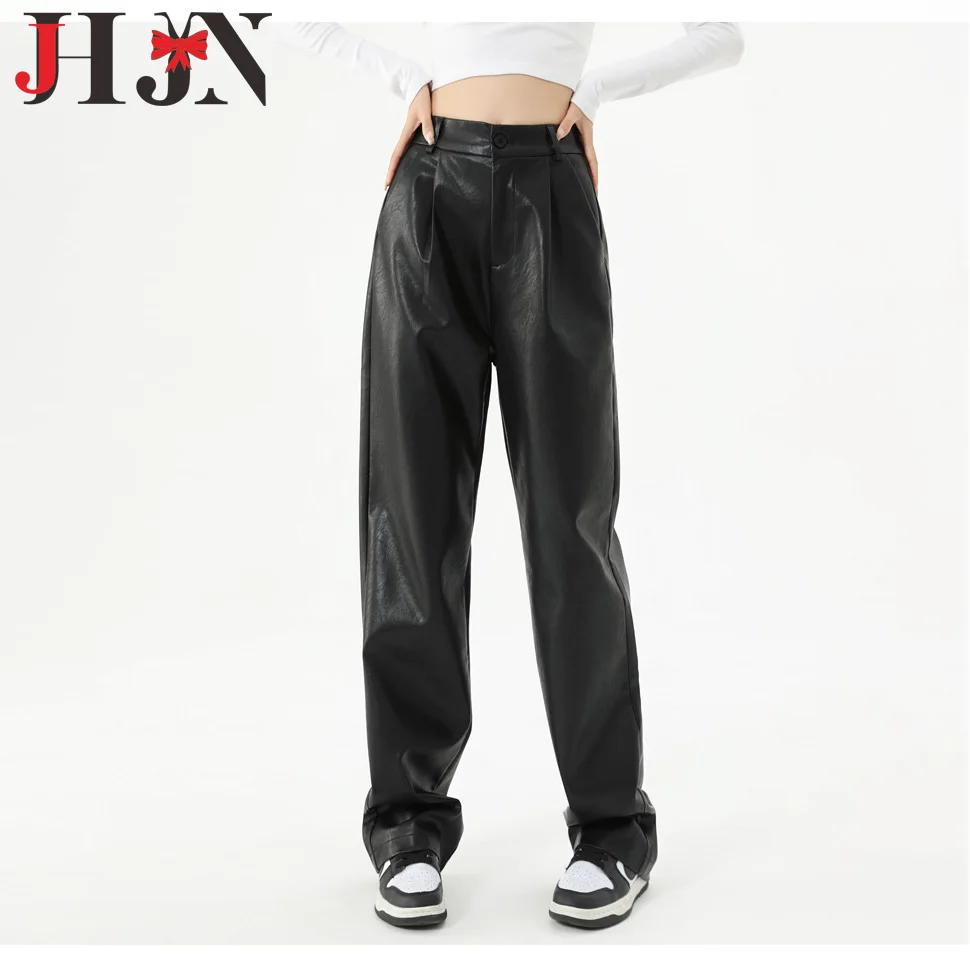 JHJN جديد الشتاء امرأة بانت أسود بولي Leather الجلود Britches بنطال ذو قصة أرجل واسعة عالية الخصر أزرار خمر قيعان مستقيم فضفاض بنطلون