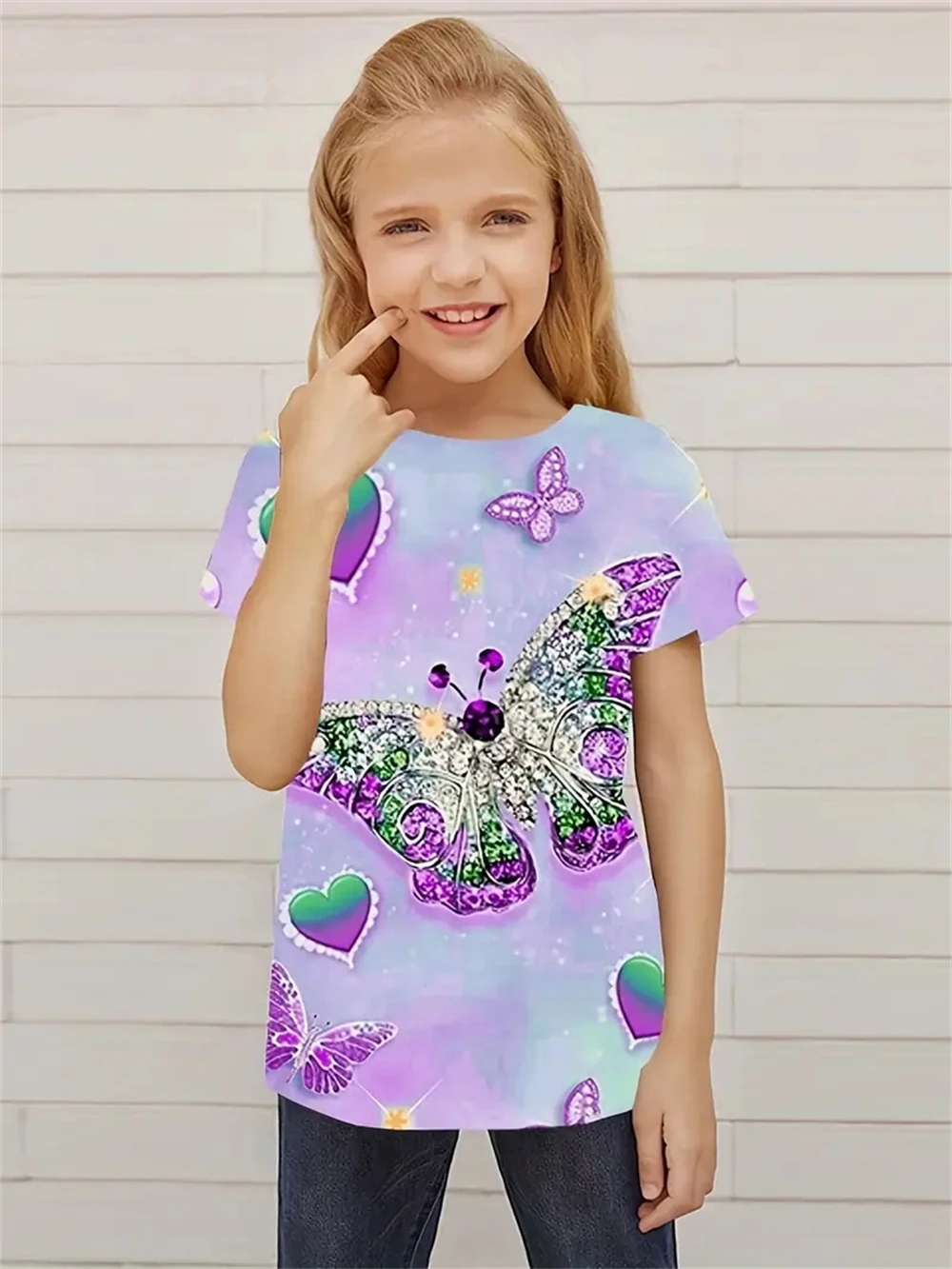 3D Printed Cartoon Girl Glitter Butterfly Effect  Full Prin Whale Print Kid's T shirt Casual Short Sleeve Top ，Short Sleeve Tees