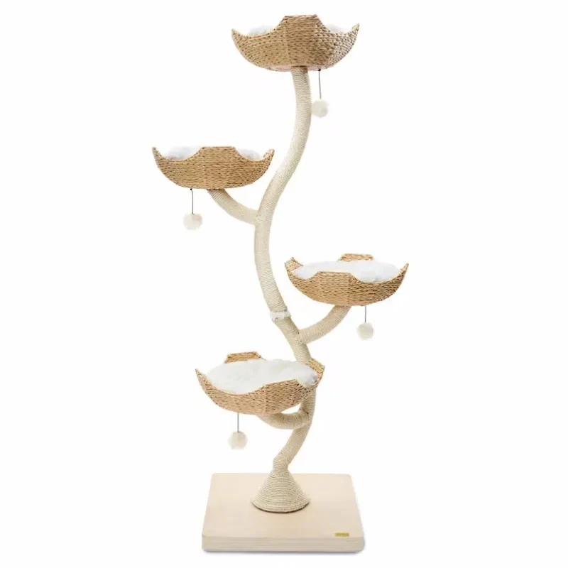 Solid Wood Feline Rest Tower With Rattan Nest, Multi-size Scratching Frame For Kitten Climbing & Claw Polishing
