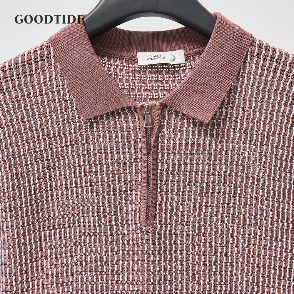 2025 Men's Casual V-Neck Knitted Jacquard Polo Shirt Solid Color Short Sleeve Solid Color Shirt Breathable Zip-up Polo Shirt