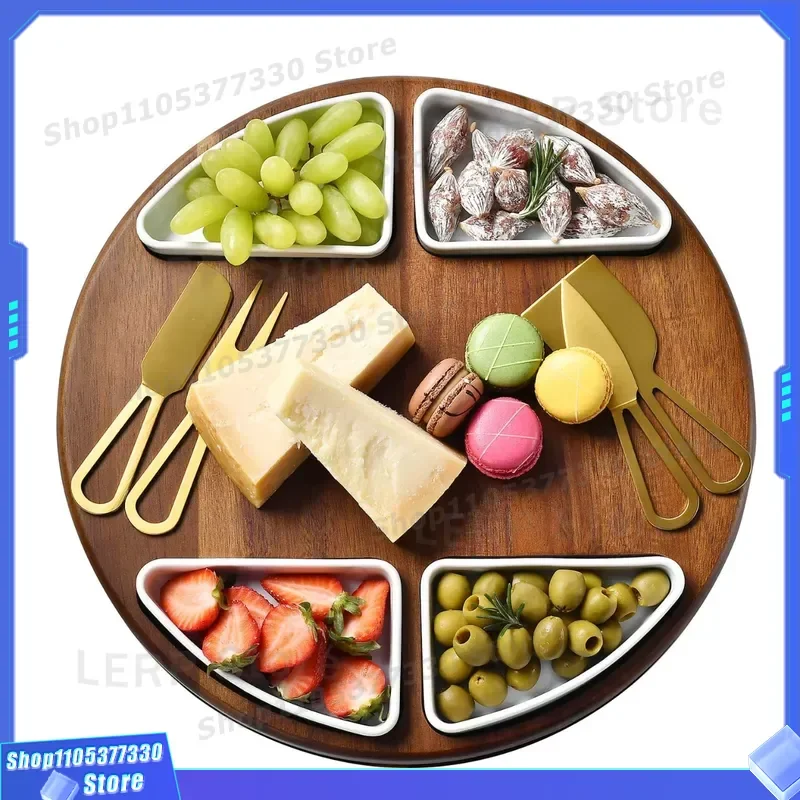 Acacia Wood Rotating Cheese Board Set with Knife and Fork for Serving Fruit Steak Platter Household Cutting Tray Wholesale