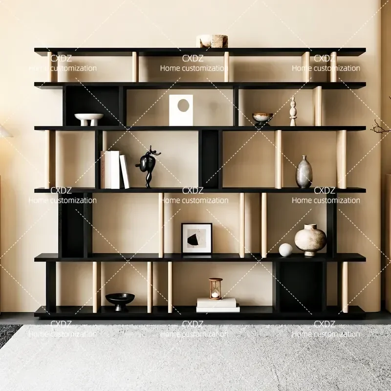 Italian Minimalist Multi Layer Bookshelf Black Paint Bookcase Simple Floor Rack Household Display Cabinet