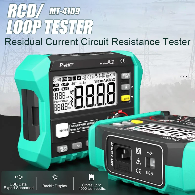 Pro'skit MT-4109 RCD/LOOP Tester Residual Current Circuit Resistance Tester Electrical Safety Risk Check Resistance Meters