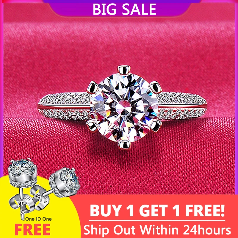 Free Sent Earrings Luxury White Gold Plating Certified Tibetan Silver Rings With Credentials Round Cubic Zircon Wedding Jewelry