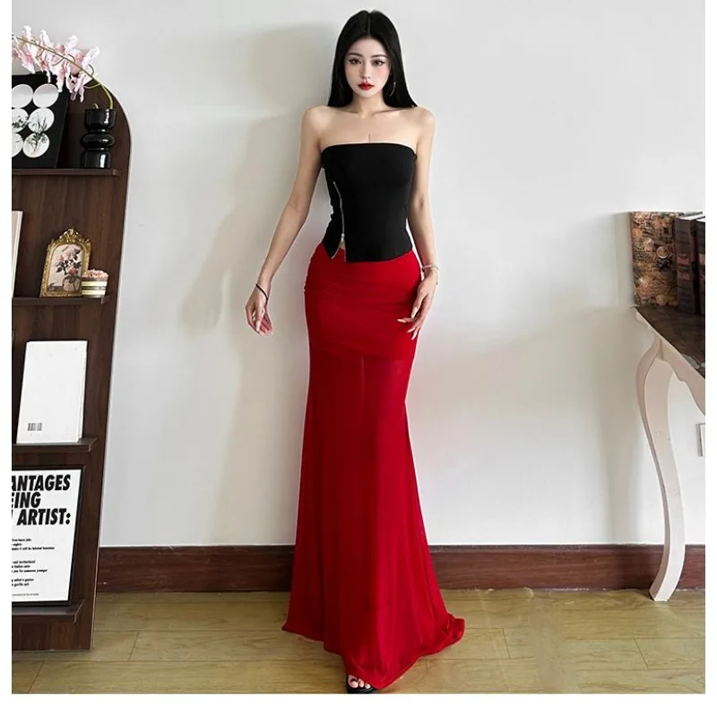 Women High Waist Ruched Sheer Mesh Mermaid Maxi Skirt Sweet Spicy Casual Bot