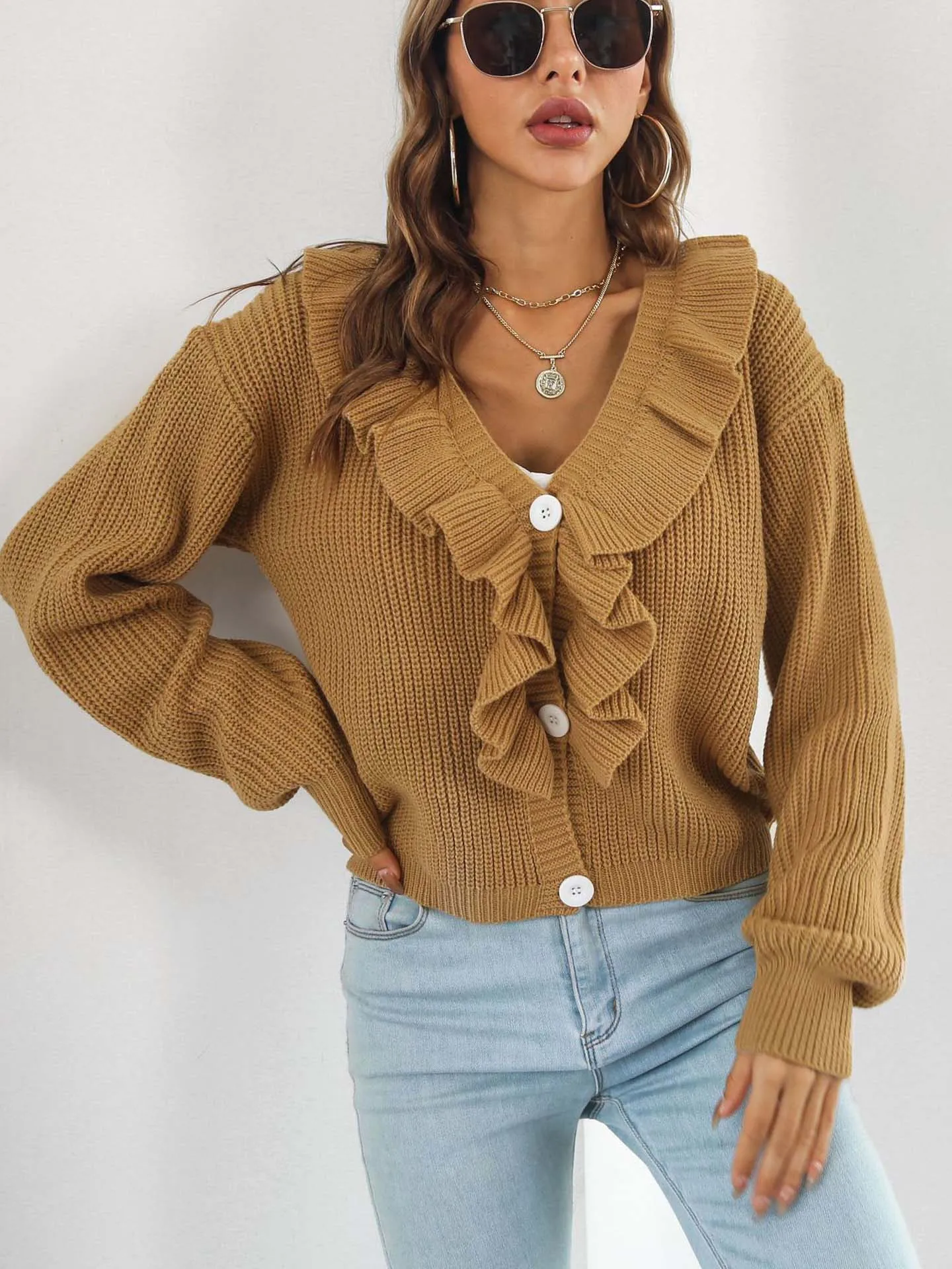 

Cropped Cardigan Women Long Sleeve Ruffled Knitted Sweaters Ladies Autumn Single Breasted Tops Loose Casual Coat Sueter Mujer