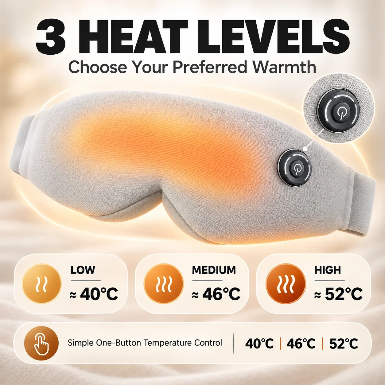 Heated Sleep Eye Mask 3 Heat Levels 40C 46C 52C 20-Min Auto Off Type-C Rechargeable 3D Contoured Cotton Travel Sleep Mask Unisex
