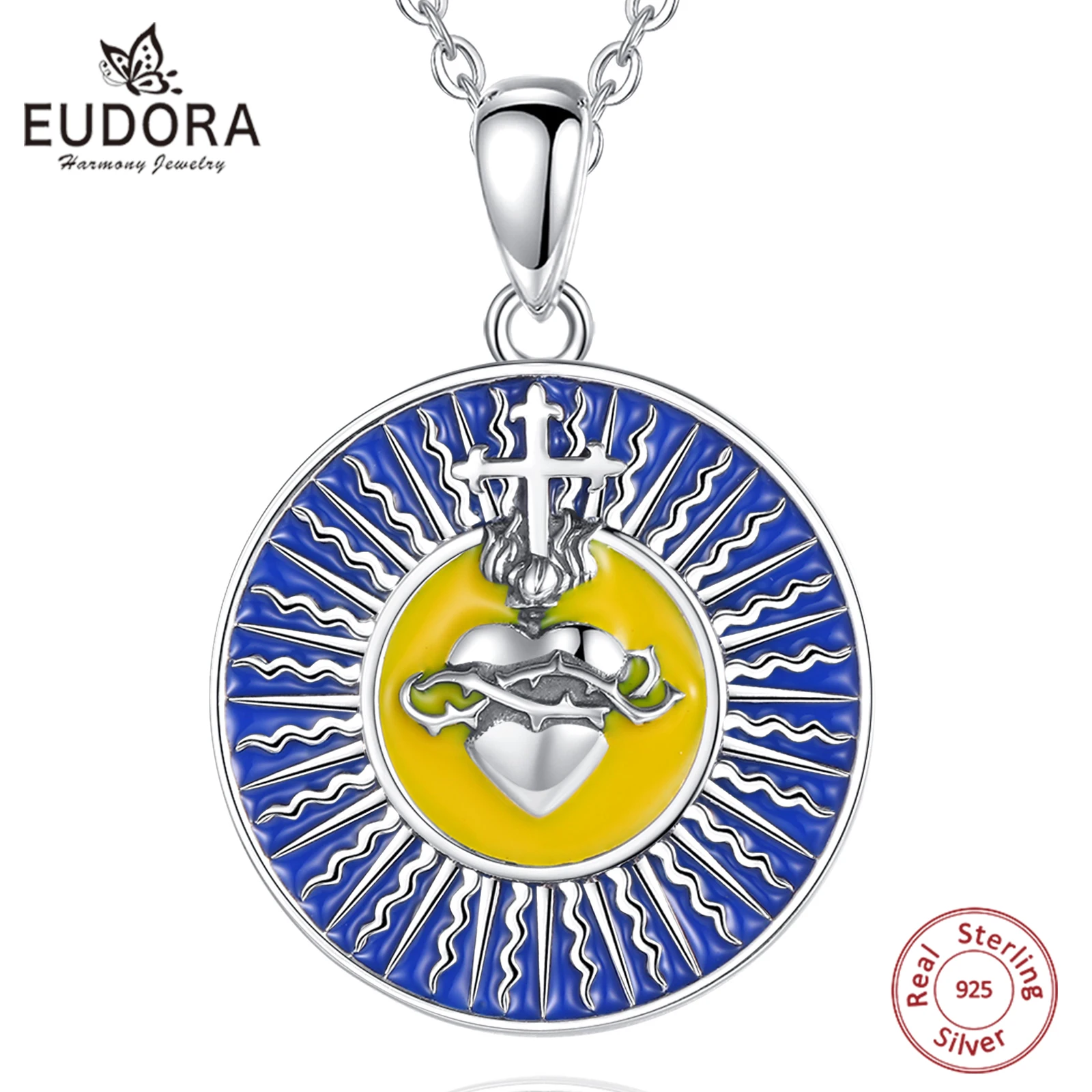 Eudora 925 Sterling Silver Claddagh Heart Cross Pendant for Women Men Blue Enamel Sun Cross Necklace Fine Jewelry Party Gift