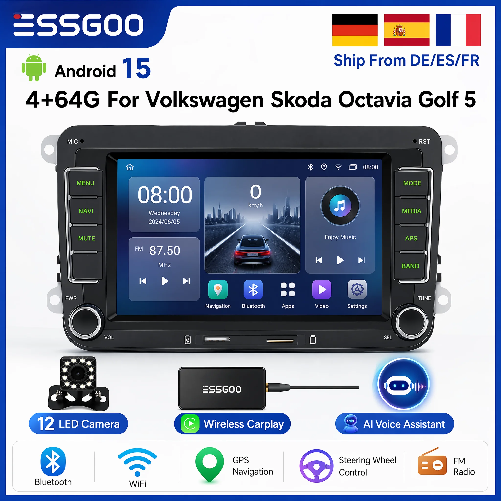 ESSGOO Android 15 Kabelloses CarPlay 4G 64G Für Volkswagen Passat b6 b7 Golf 5 6 Polo Jetta Skoda Autoradio Multimedia-Player GPS WiFi RDS Carplay