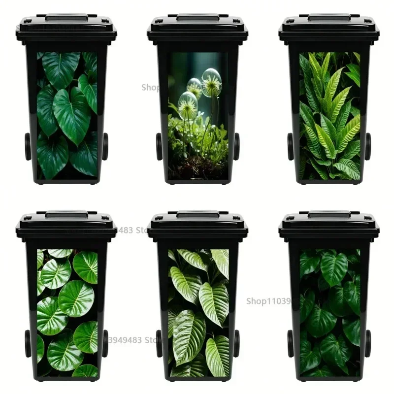 Green Plants Leaves Trash Can Decals Vinyl PVC Waterproof Stickers for Customize Garbage Can Home Rubbish Bin Aesthetics Decor