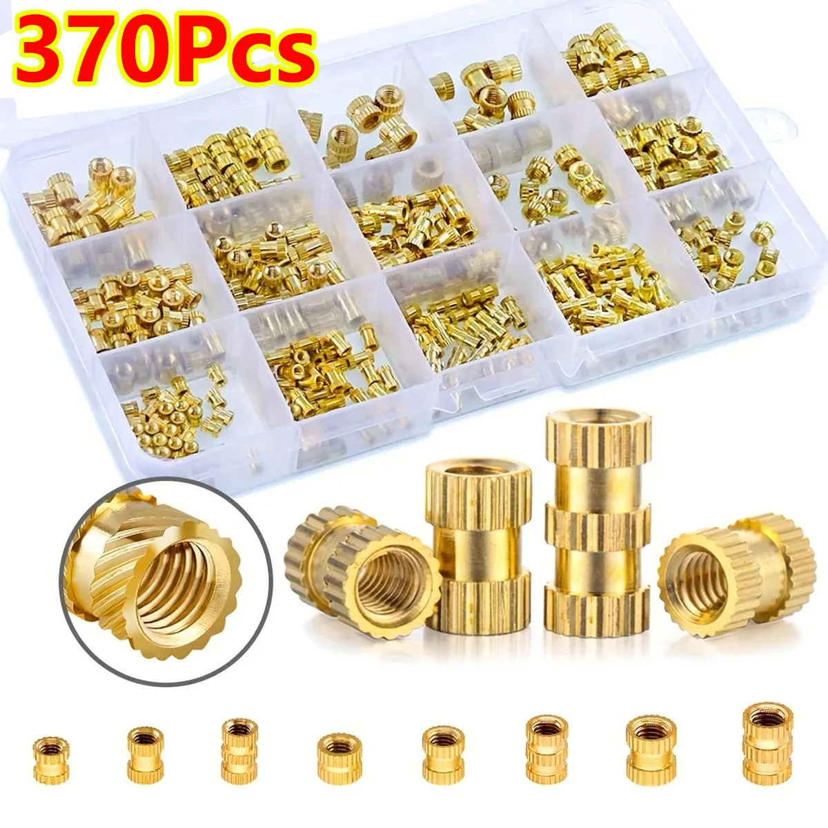 370Pcs Threaded Insert Kit M2 M3 M4 M5 Brass Copper Metric Threaded Brass Heat-Cured Inserts for Plastic 3D Printed Component