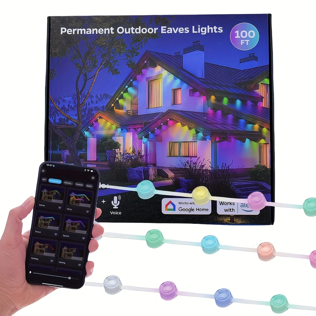 

100ft Roof Light - 72 RGB+IC LEDs, IP67 Waterproof, Smart Color Control, Christmas Outdoor Decor