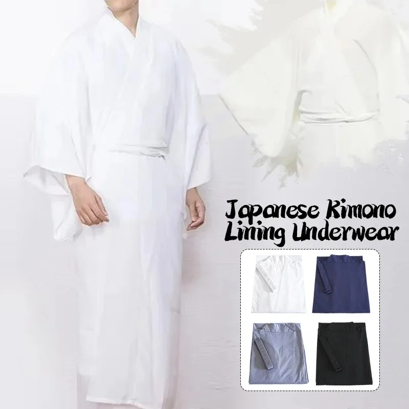 Japanese Kimono Men Traditional Kimono Bottom Lining with Belt Kimono Inner Wear Yukata Male Long Bath Robe Underwear