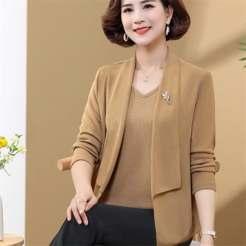 Womens Long Sleeve T-shirt Long Sleeve Spring Autumn Middle-aged Mothers knitting Fake Two Piece solid color Tops