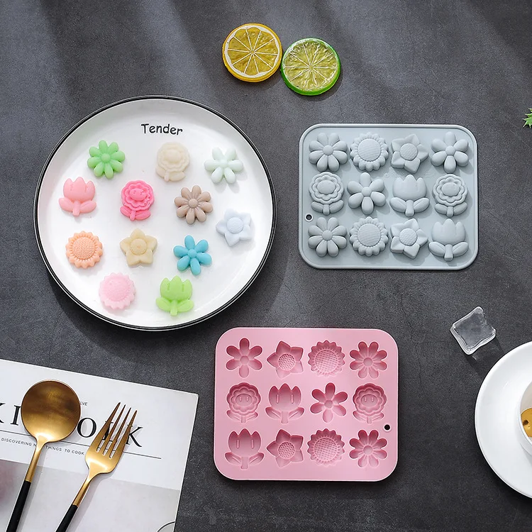 12 Even Sunflower Tulips Fondant Silicone Mold Soap Molds 3d Flower Food Grade Silicone Suger Mold Baking Chocolate Cake Mold