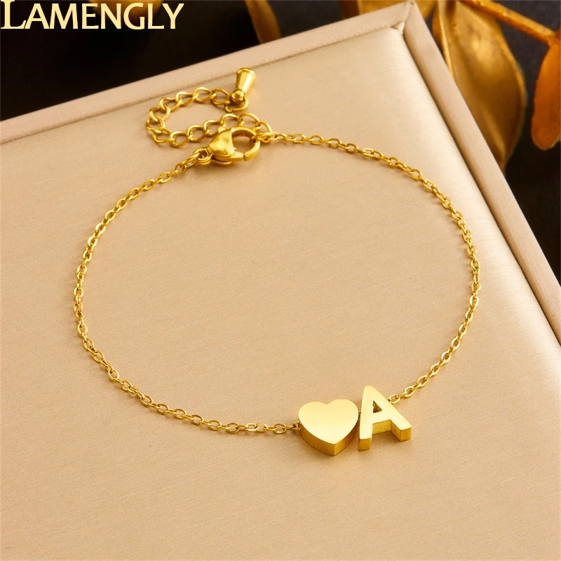 LAMENGLY New High Quality 316l Stainless Steel Simple Temperament Heart Letter a Bracelet Women Exquisite Hand Chain Party Gift