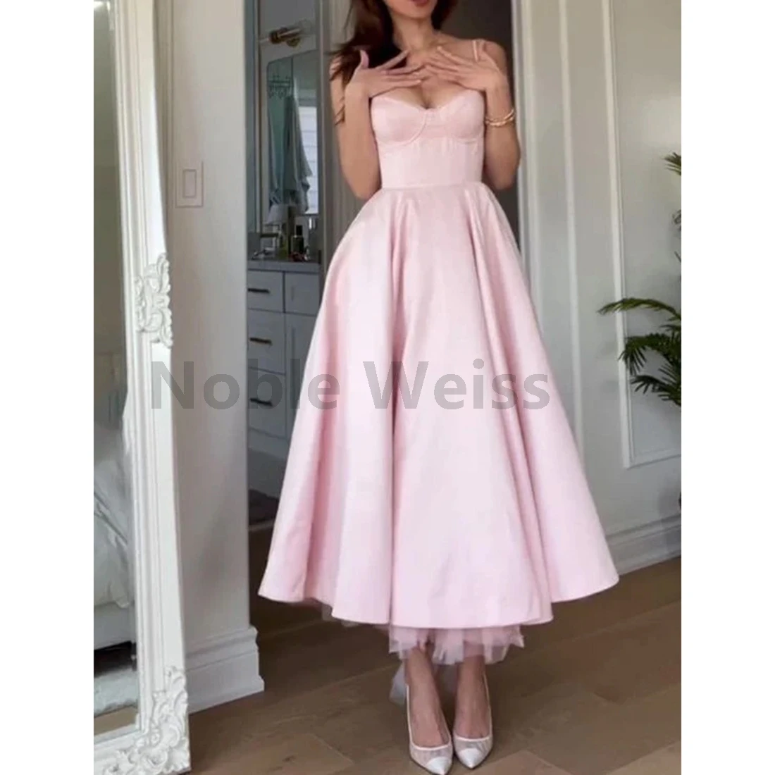 

Милое атласное платье для выпускного вечера трапециевидной формы длиной до чая, вечернее платье на заказ