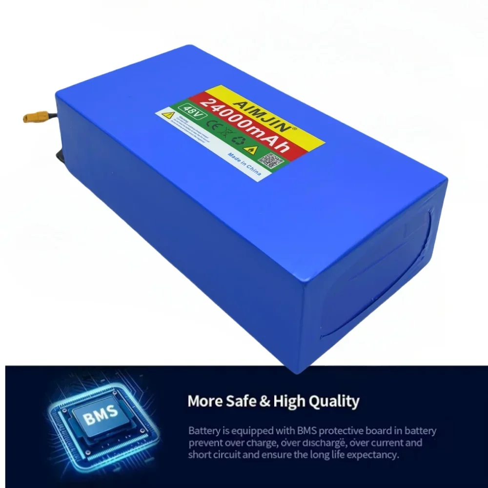 2000W High Capacity 48V 24Ah 18650 Li-Ion Battery Pack for 54.6V Electric Bicycles with Built-In BMS 13S6P Configuration