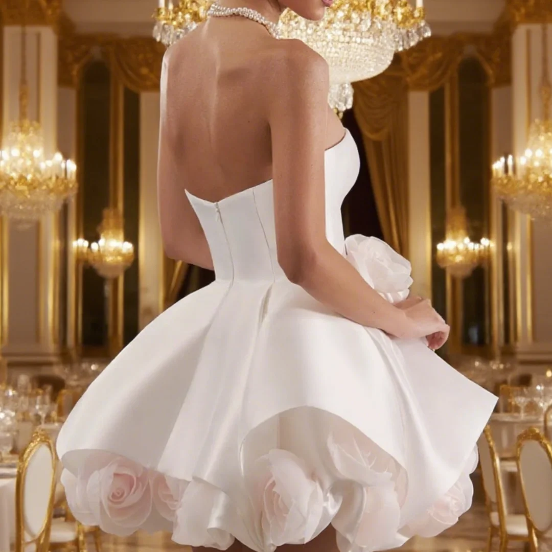 Vestido de novia elegante sin tirantes, sin mangas, flores en 3D, corte en A, vestidos de novia cortos de satén, vestidos de novia ﻿ Personalizado