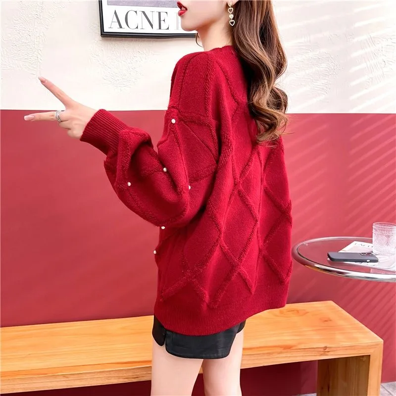 DAYIFUN Winter Autumn Sweater Female Vintage Women O Neck Nailed Bead Ringer Jumpers Loose Long Sleeve Knitted Pullover Top 2023