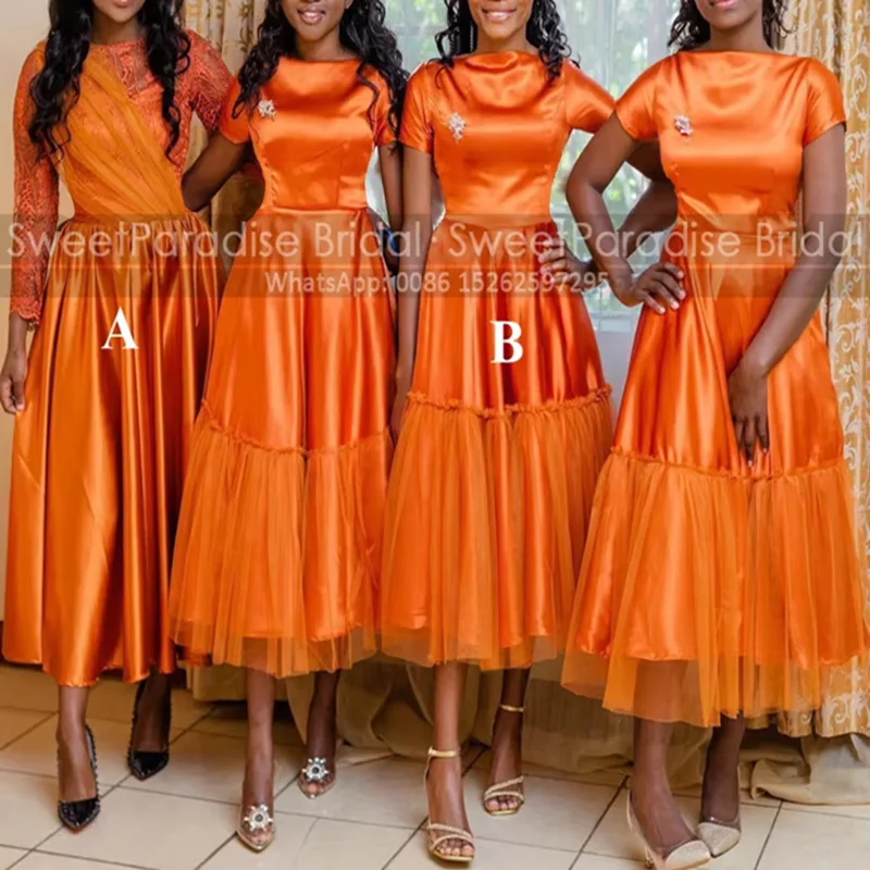 Vestidos de dama de honor de línea A naranja con mangas cortas, longitud del té, encaje, cuello joya, vestido de fiesta para invitados de boda para mujer