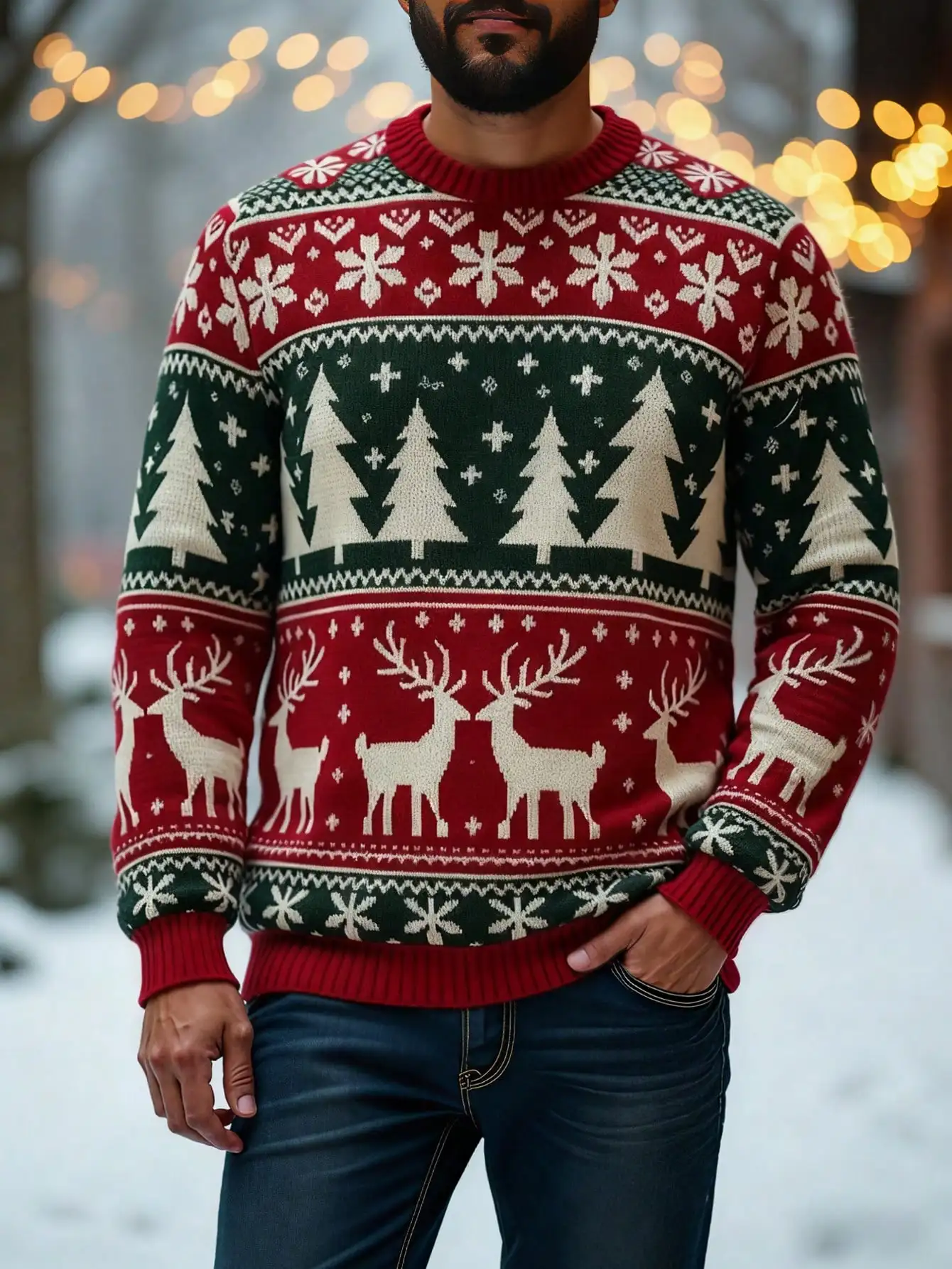 

Men's Festive Knit Pullover with Deer, Trees & Snowflakes Pattern