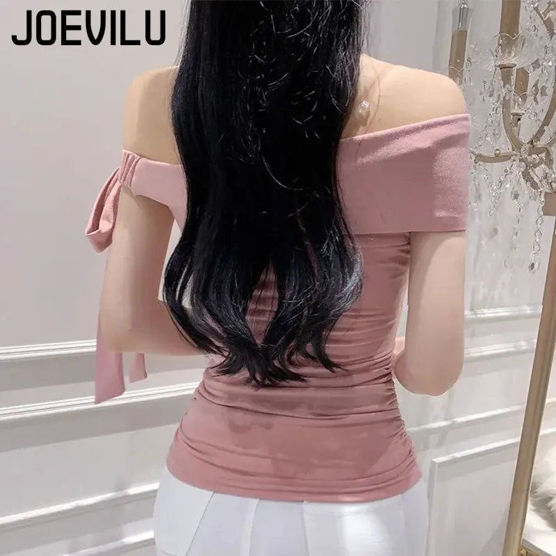 JOEVILU Skinny Tee Bow Tie Off Shoulder Sexy Sleeveless Crop Tops Women\'s Summer Korean Fashion T-shirt Y2k Streetwear Tshirt