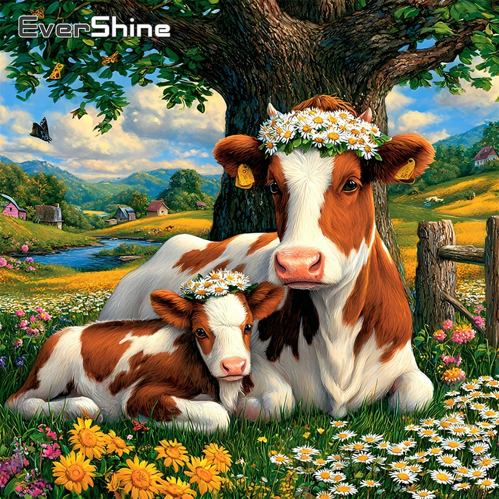 Evershine Diamant-Stickerei Tier-Kuh-Bild Strass-Gemälde Gänseblümchen Vollquadrat-Mosaik Haus Baum Heim-Dekoration