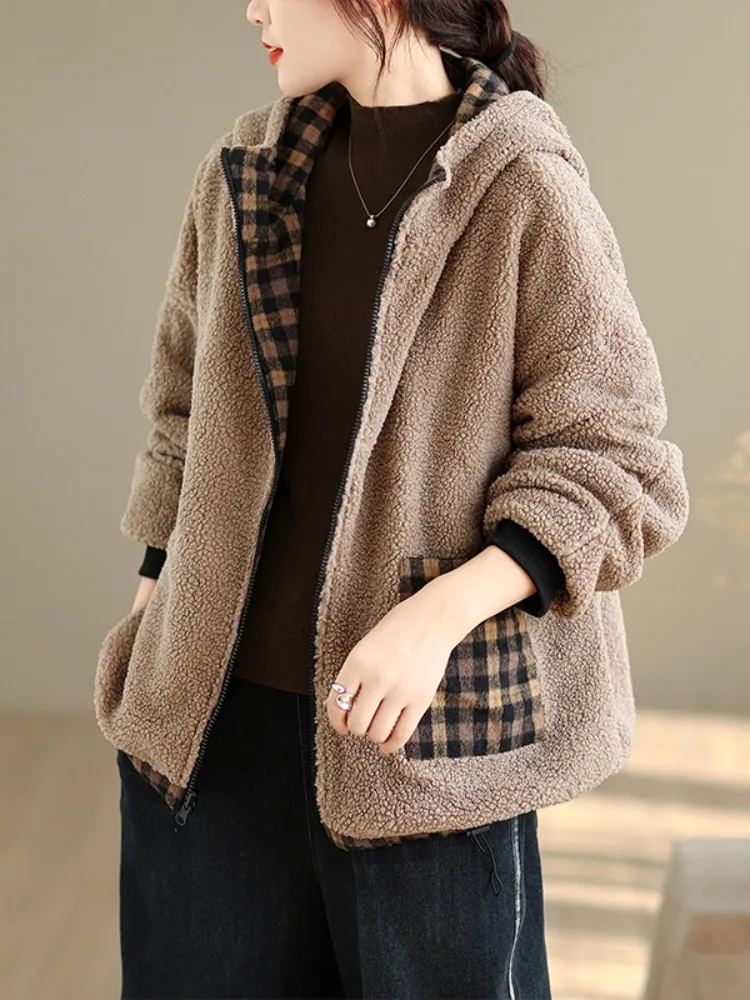 Thiened Fce Roupa dupla face xadrez com capuz de algodão Jaet feminino inverno Faion anti-envelhecimento tamanho grande pele de cordeiro algodão Co...