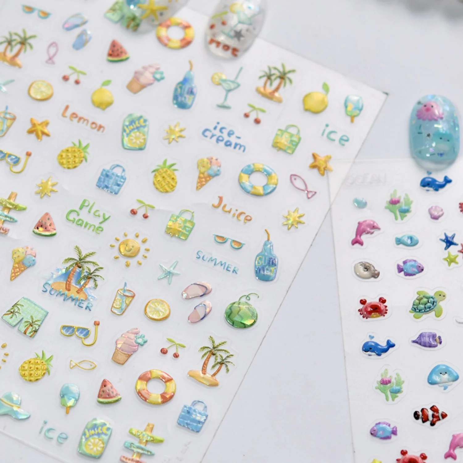 5D Fresh Summer Vacation Nail Sticker Coconut Tree Tropical Fruit Ice Cream Swim Ring Sunglasses Seaside Holiday Nail Art Decal