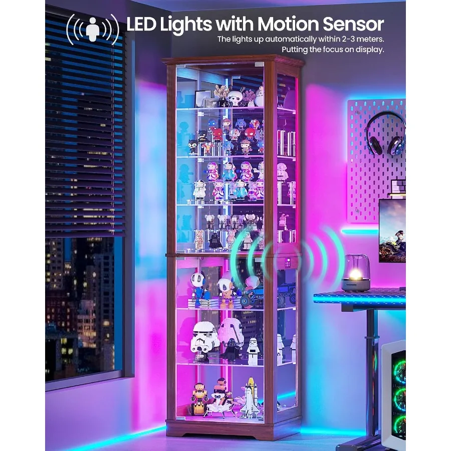 Display Cabinet with RGB Lights and Glass Doors for Collectibles: Tempered Glass, Black, Adjustable LED Lighting view 3