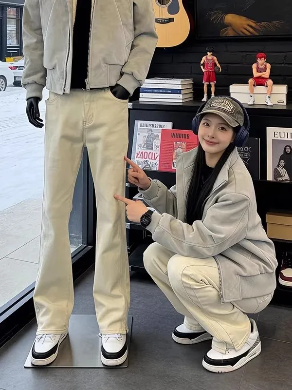 

Slim Fit Straight Leg Jeans Khaki American Sle for Men And Women Spring Faionable Wear Resistant Straight Tube Trousers