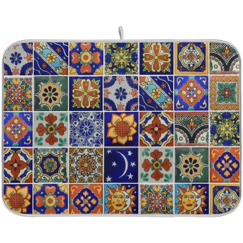 Absorbent Dish Drying Mat Microfiber - Talavera Mexican Dish Dryer Mats for Kitchen Counter 18 X 24 Inch