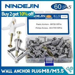 NINDEJIN 60pcs/set Drywall Anchor kit Hollow Wall Anchors with Screws Plastic Wall Anchor Butterfly for Gypsum Board
