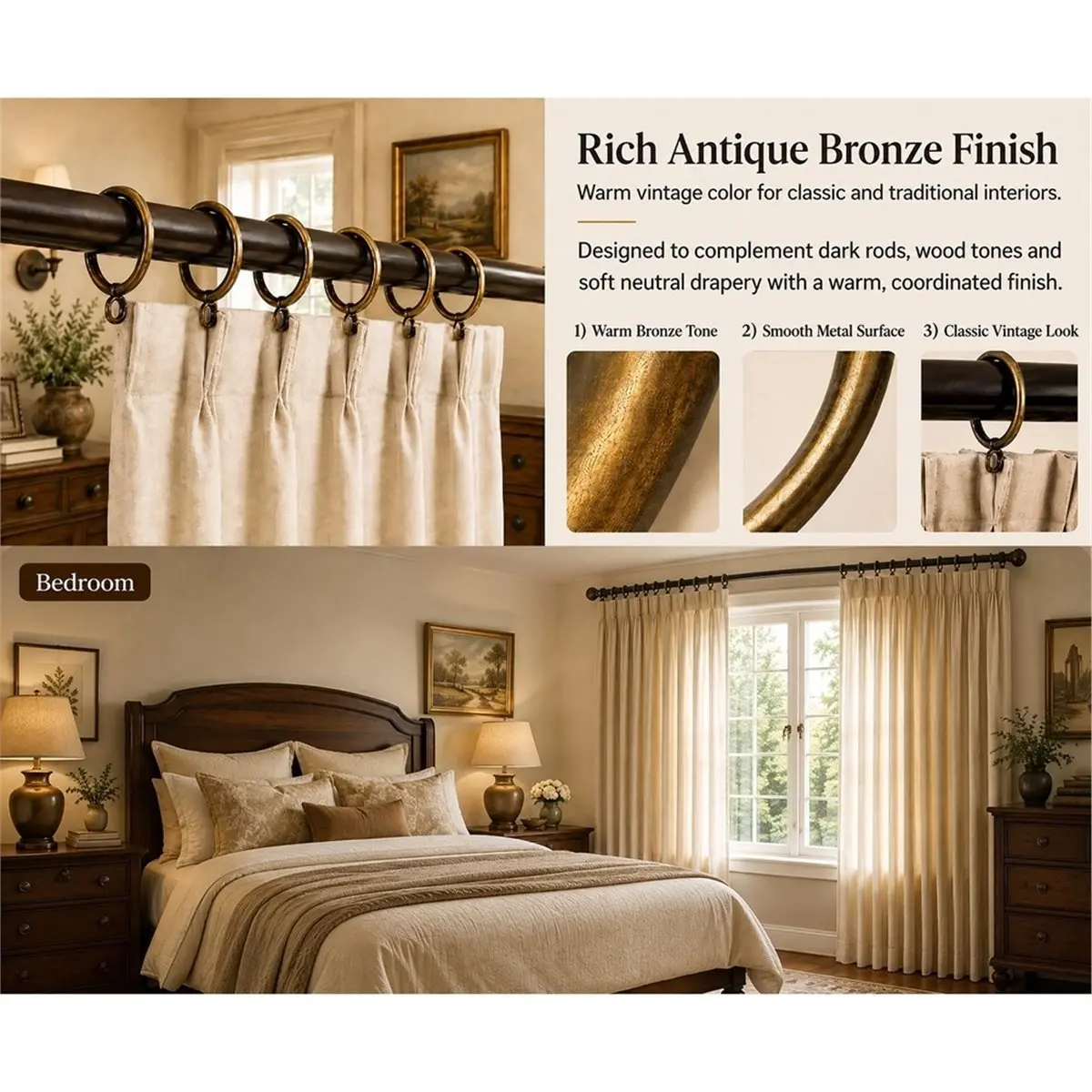 60 Pack Bronze Curtain Rings with Eyelets, 1.5 Inch Inner Diameter Metal Drapery Rings for Pleat Curtains,Drape Ring