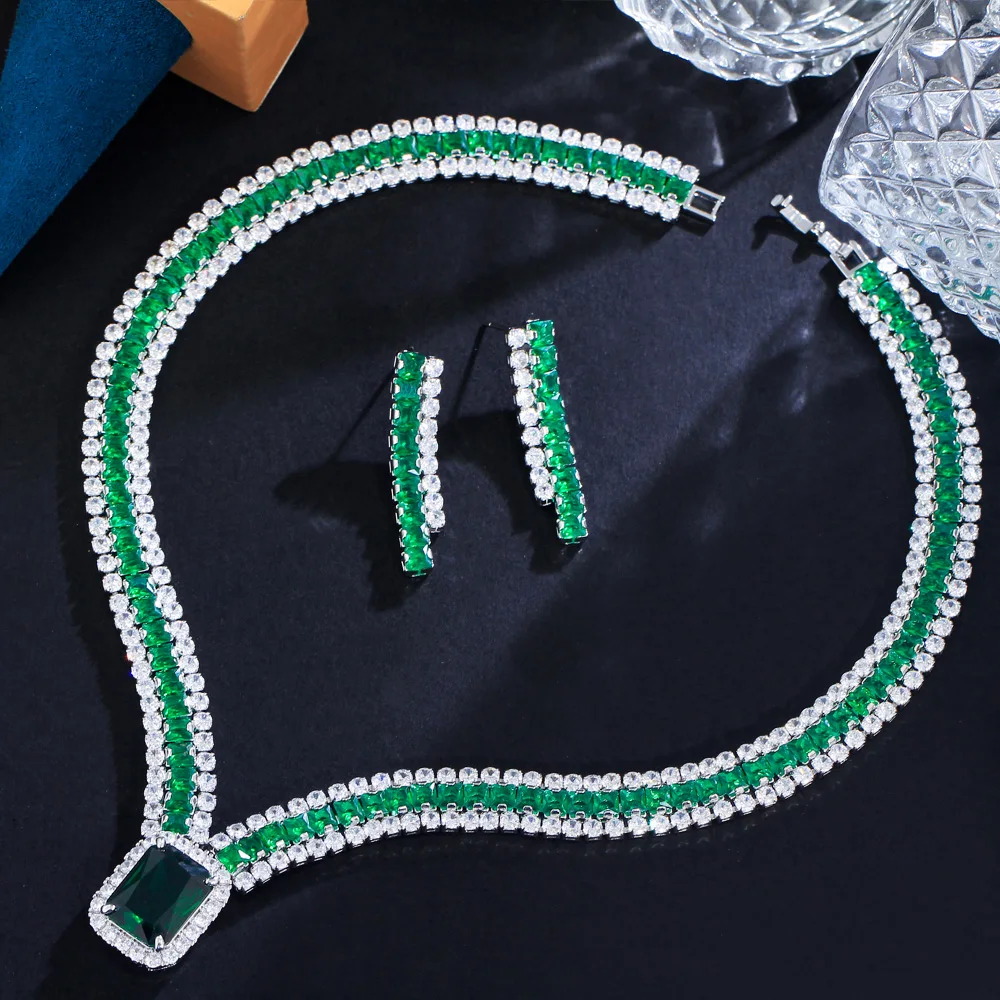 Imagem -06 - Theledings-conjunto Brincos e Colar Cubic Zirconia Verde para Mulheres Grande Quadrado Geométrico cz Jóias de Festa Luxo Elegante Tz936