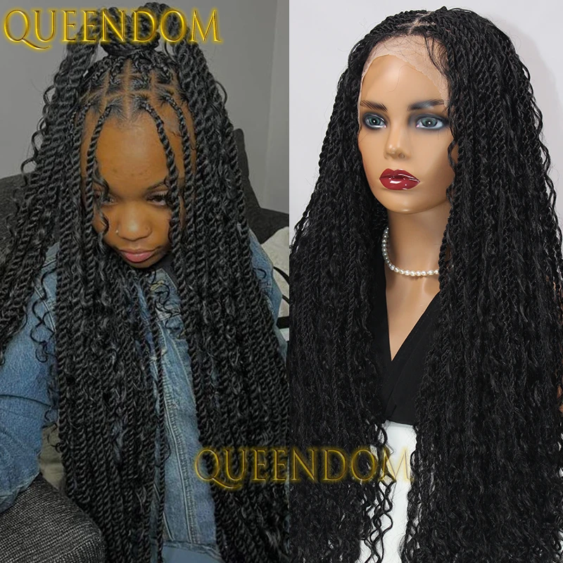 Full Lace Knotless Bohemian Synthetic Box Braid, Deep Wave Tranças Peruca com Pontas Encaracoladas, Twist Trançado Deusa Peruca, 32"