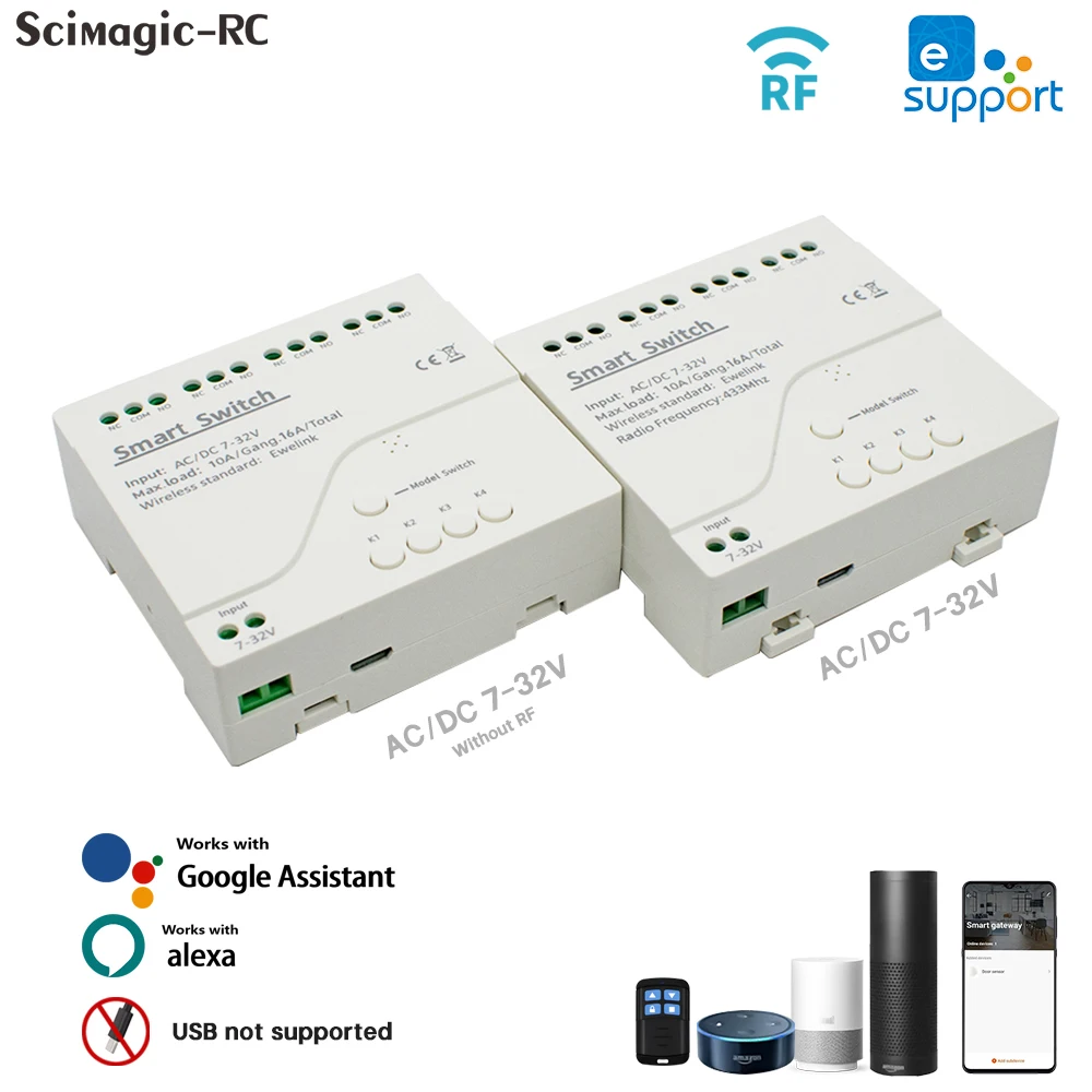 eWeLink APP Smart Controller Module 4 Channels Wifi Switch Relay 7-32V AC 85-250V RF Receiver Work With Alexa Google Home