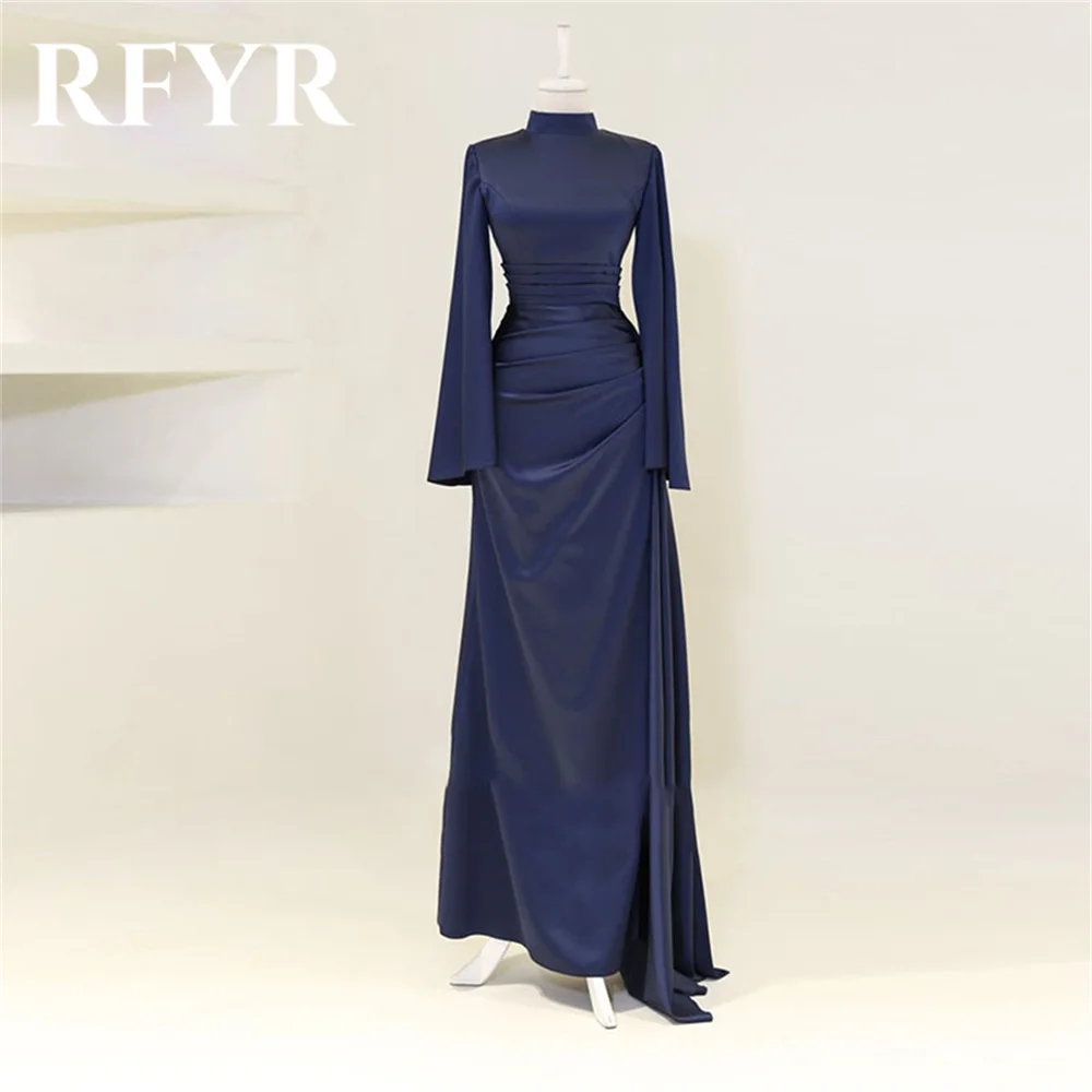 

RFYR Navy Blue Saudi Arabia Evening Dress for Women Trumpet Prom Gown Regular Sleeves Formal Occasion Long Prom Dress Customized