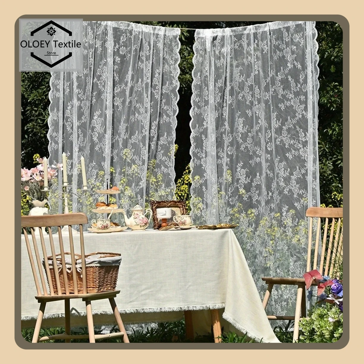 

Holiday Decor Solid Color Curtains Elegant Wave Lace Trim Luxury Drapes for Living Room Bedroom Sheer Window Coverings Gauze