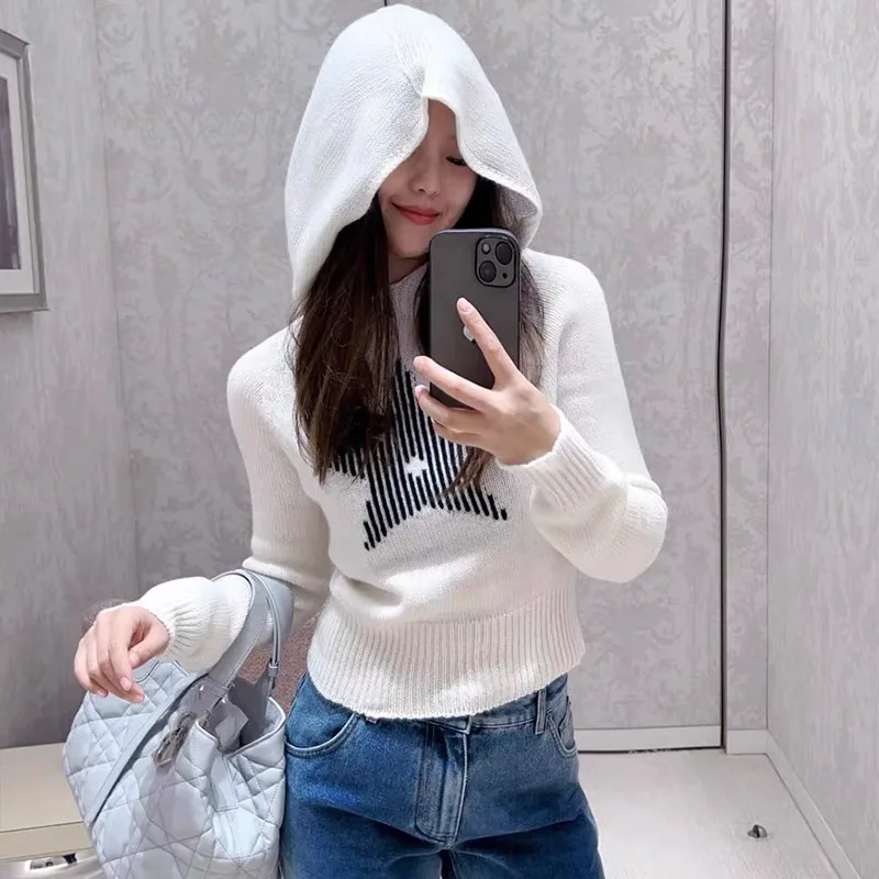 Autumn Winter New Fashion Chic Jacquard Hooded Pullovers Women Clothing Vintage Commute Slim Short Style Knitted Sweaters