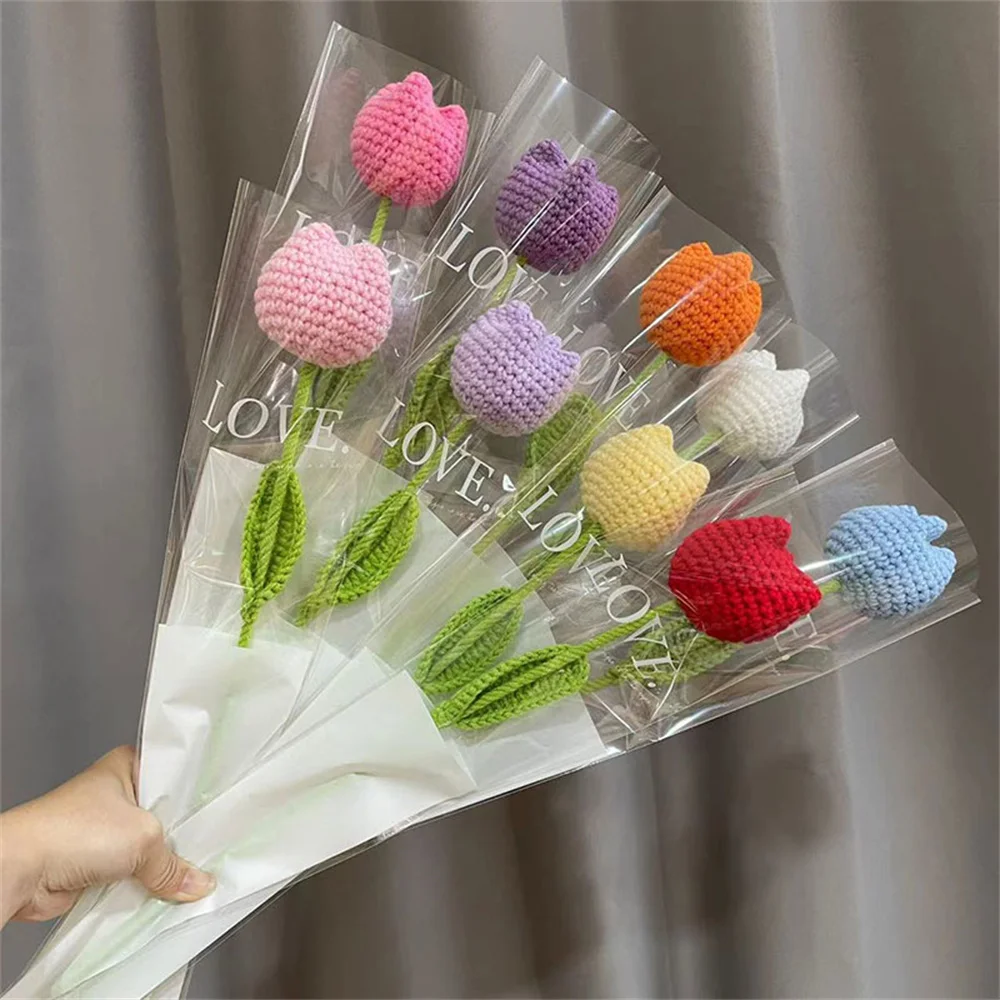 Knitted Flower Rose Tulips Daisy Fake Flowers Bouquet Wedding Party Decoration Hand Knitting Crochet Woven Flower Bouquet