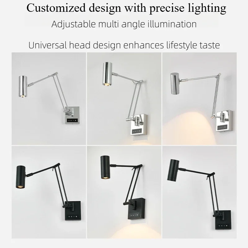 SANDYHA Swing Arm Reading Wall Lamp Modern Switch Backlight LED Eye Protection Lighting Fixture For Bedroom Study For Home Decor