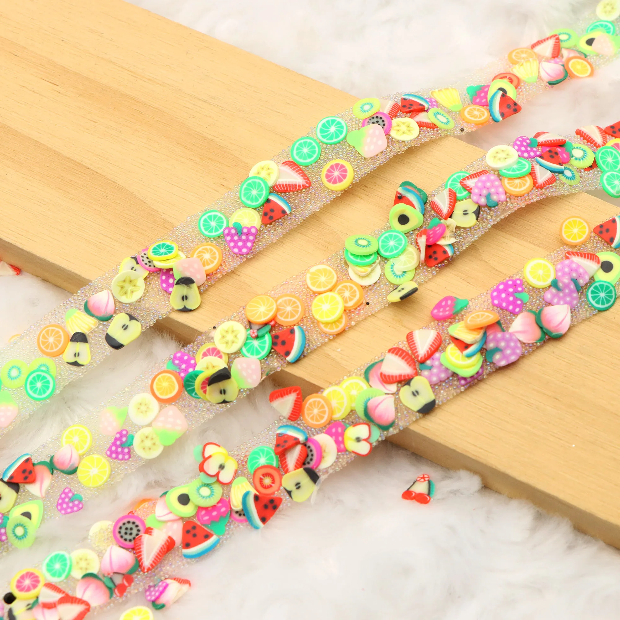 1.2cm Colorful Fruits Polymer Clay Slice Self-Adhesive Strip for DIY Crafts Bags Hats Embellishments Jewelry Making